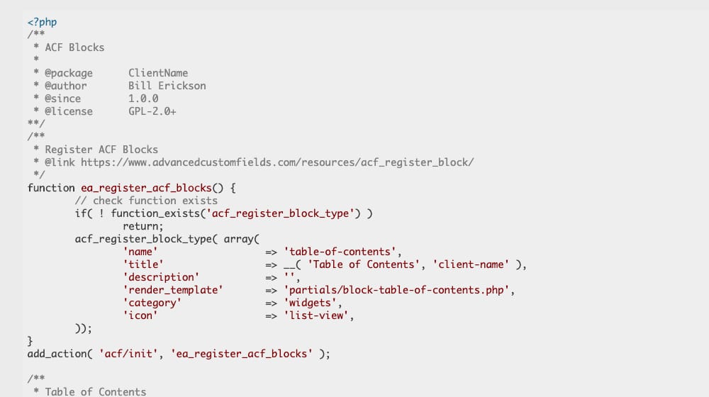 Table of Contents Code