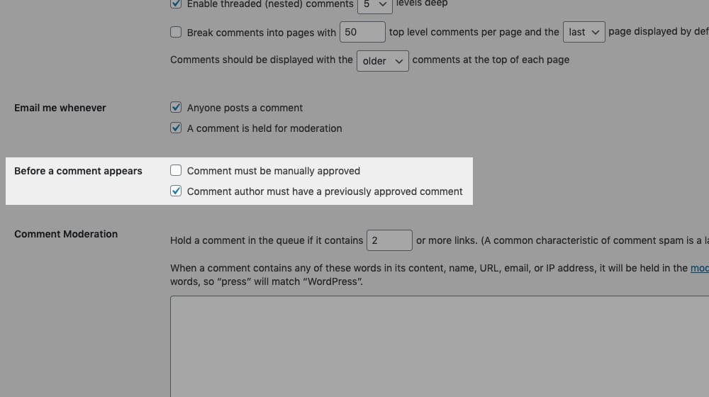 Manually Approve Comment Settings