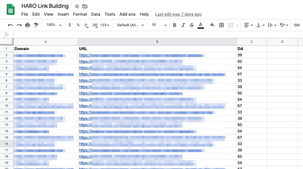 Example of a HARO Spreadsheet