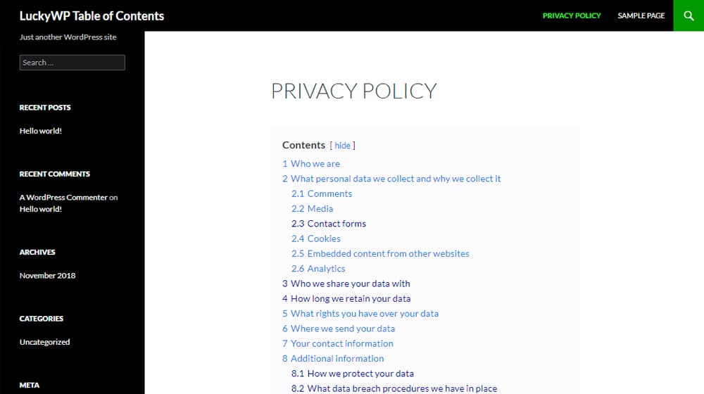 Lucky WP Table of Contents