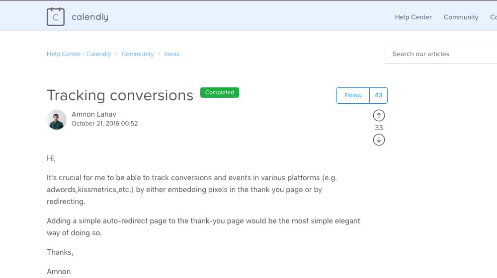 Tracking Conversions Forum on Calendly Help Section