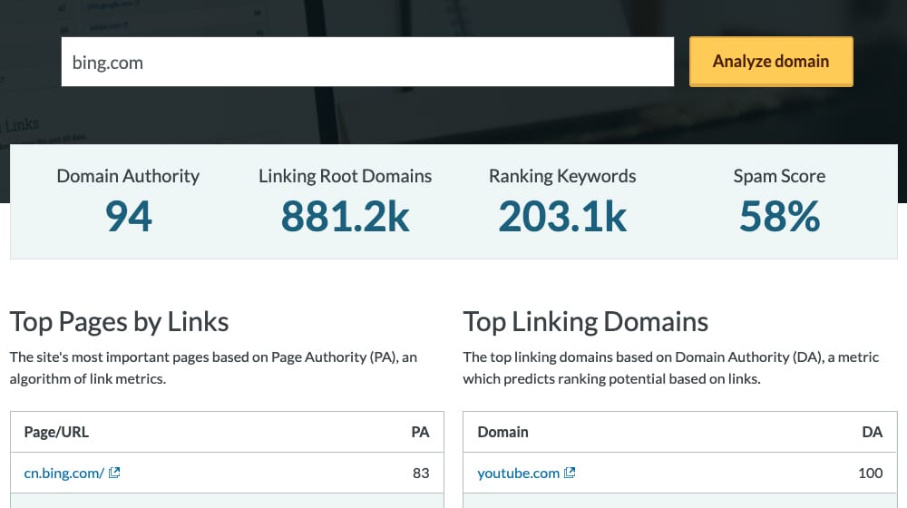 Moz Domain Analyzer