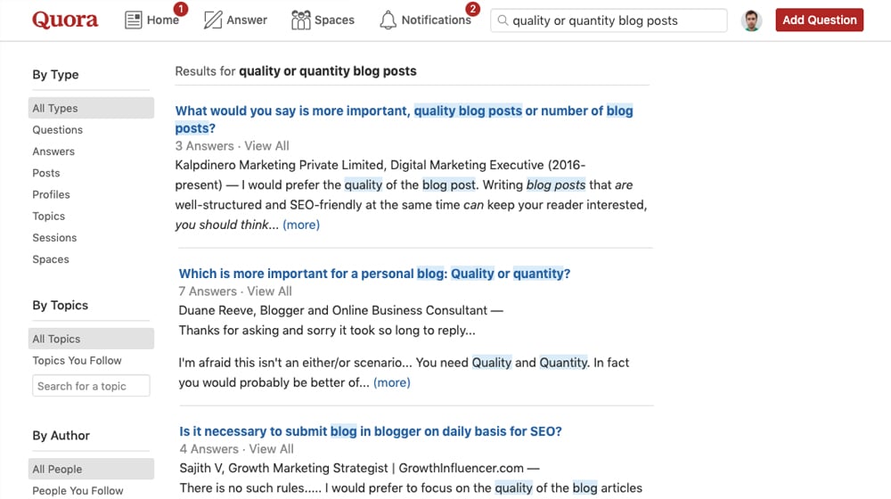 Quora Questions on Blog Quantity