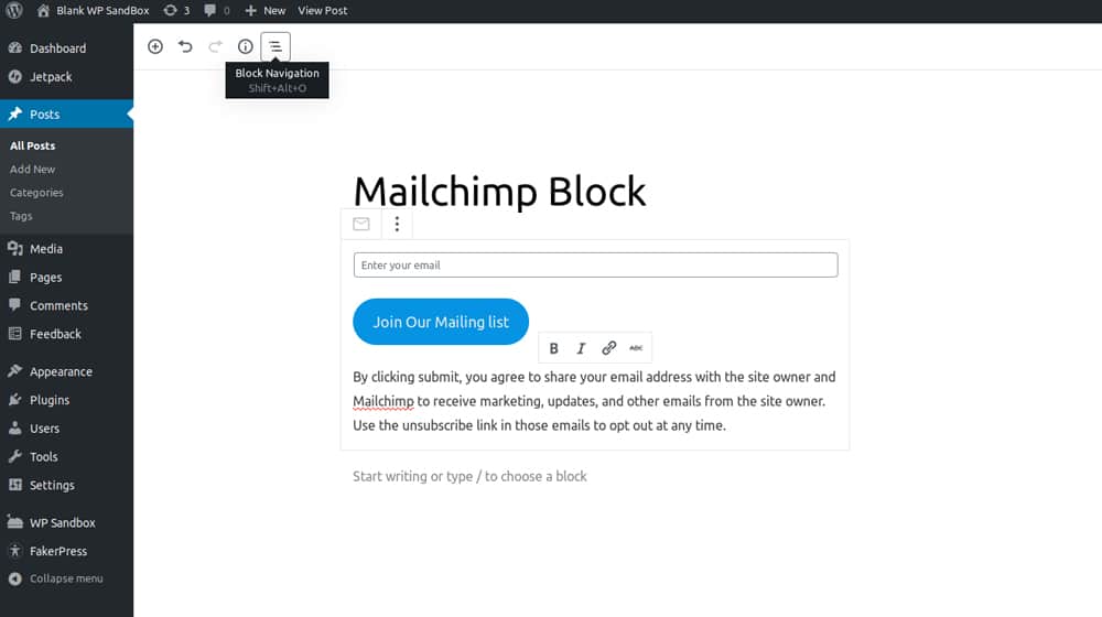 Inserting Mailchimp Gutenberg Block