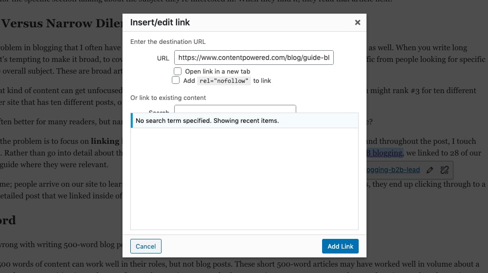Inserting an Internal Link in WordPress
