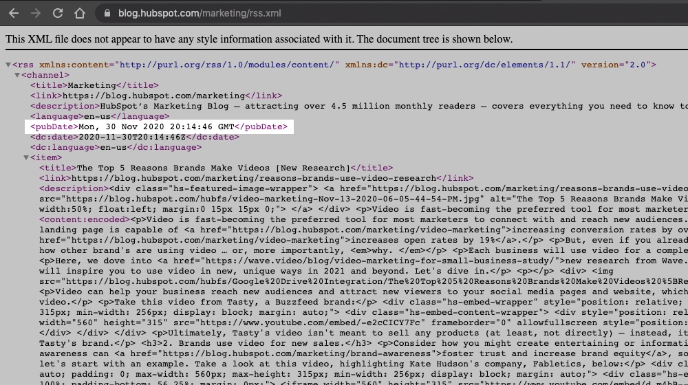 PubDate on HubSpot RSS