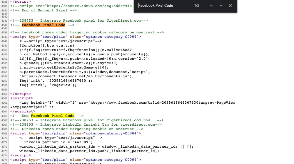 Facebook Pixel Code in Source
