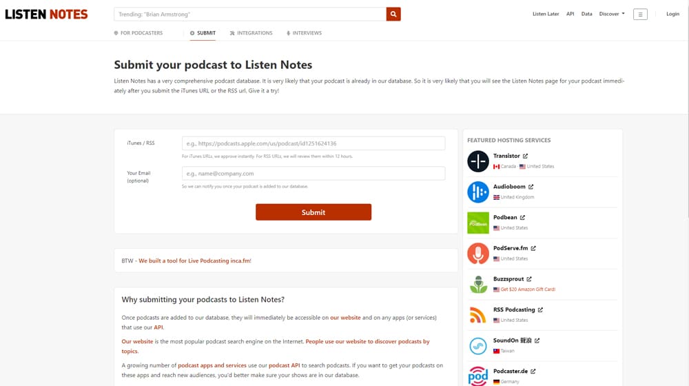 Listen Notes Submission Page