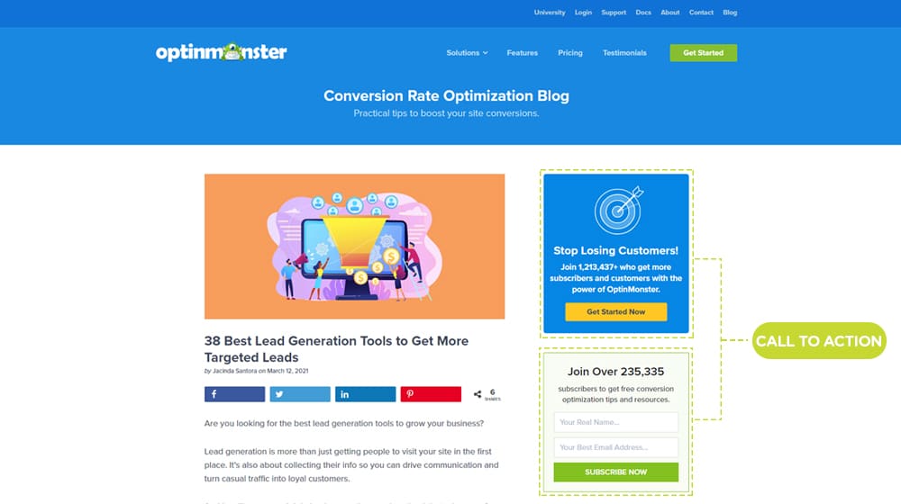 Call to Action Example on OptinMonster