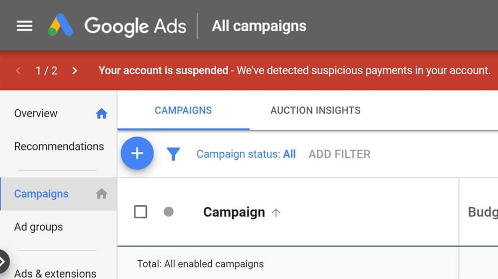 Google Ads Account Suspended