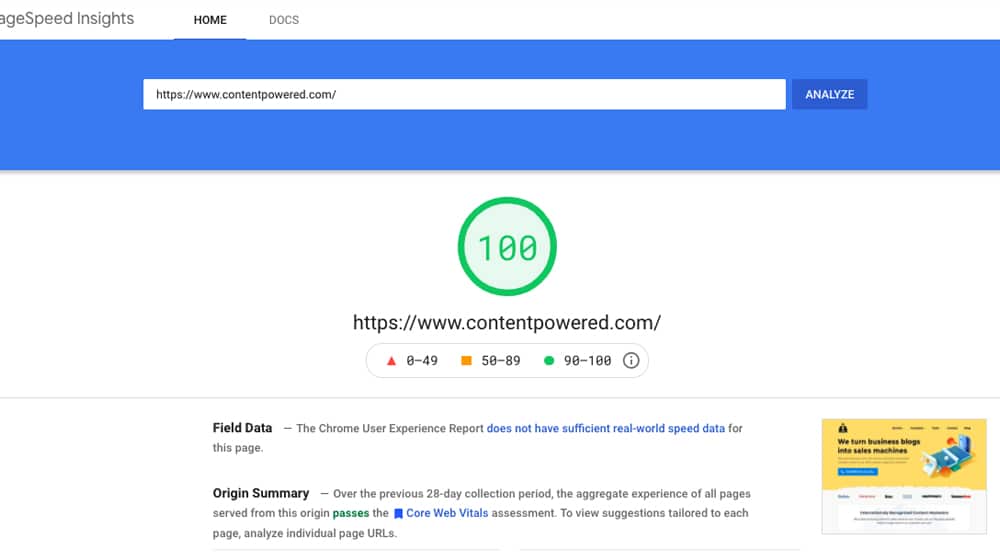Example PageSpeed score