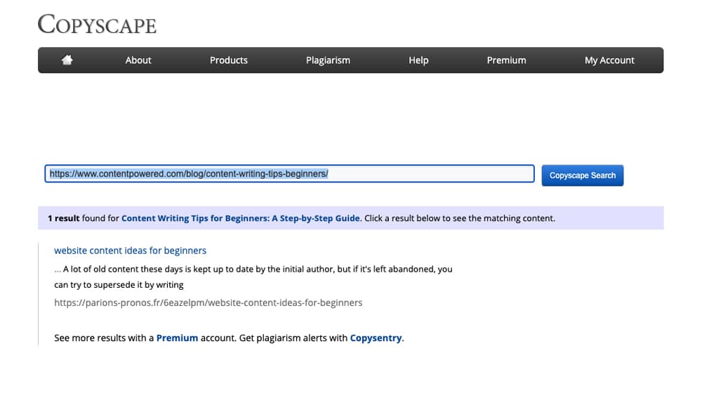 Example Copyscape Plagiarism Result