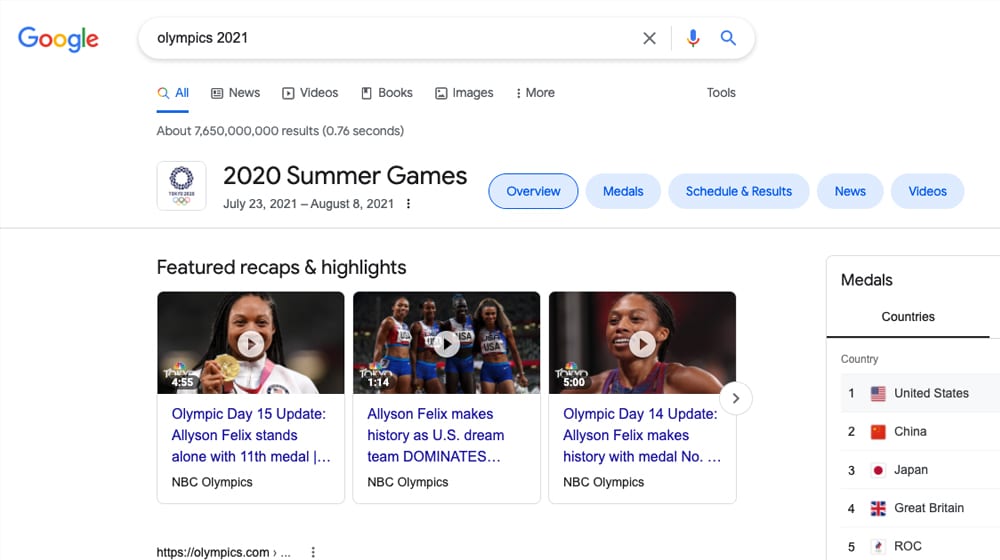 Olympics 2021 Example Query on Google