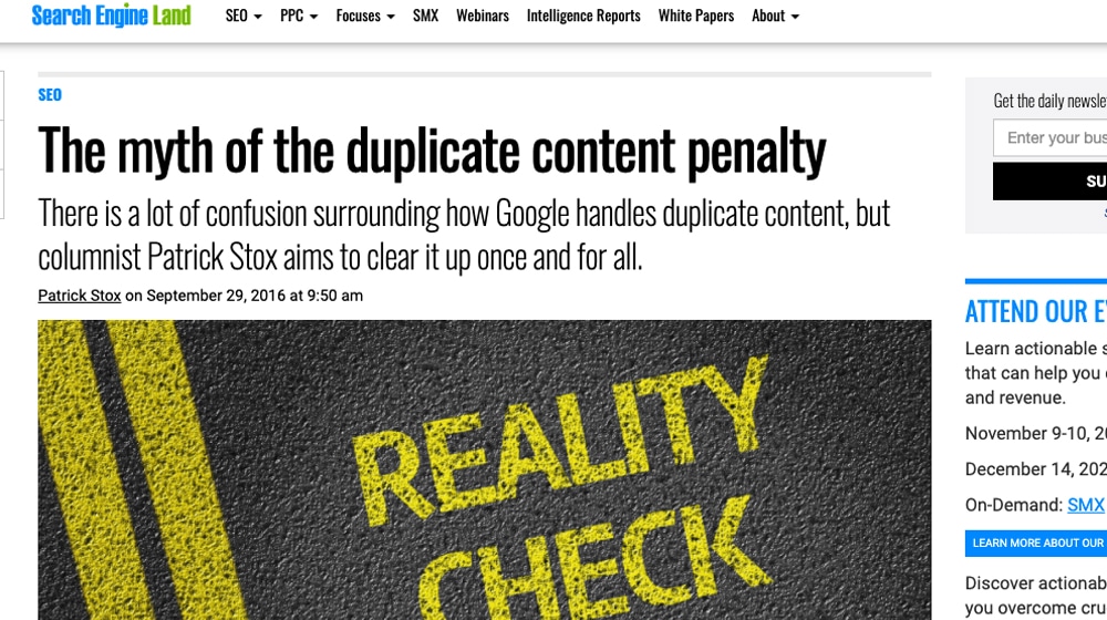 Search Engine Land Duplicate Content Myth Article