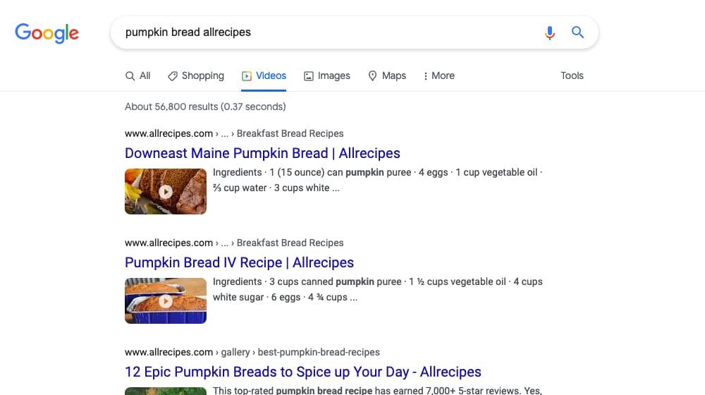 AllRecipes Example on Google Search
