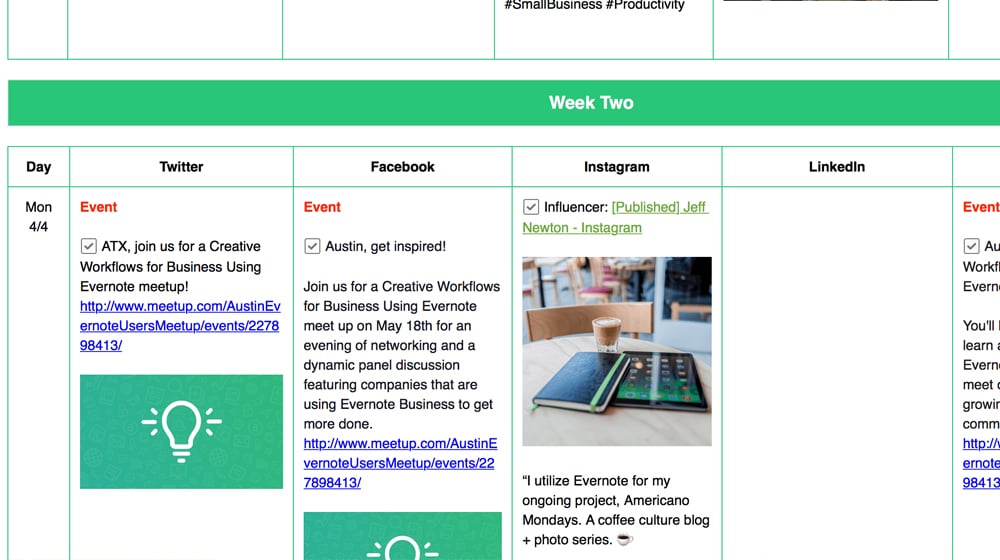 Content Calendar on Evernote