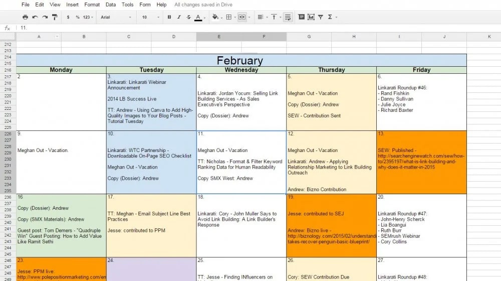 Google Drive Content Calendar Example