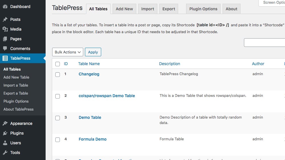 Criando uma tabela TablePress