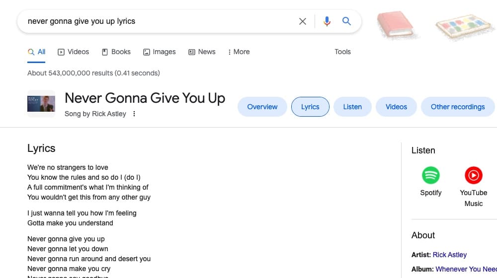 Example Lyrics on Google Featured Snippet