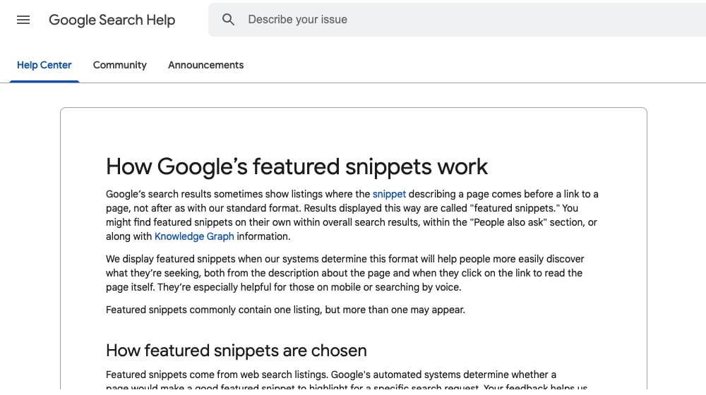 Google Search Help Page on Featured Snippets