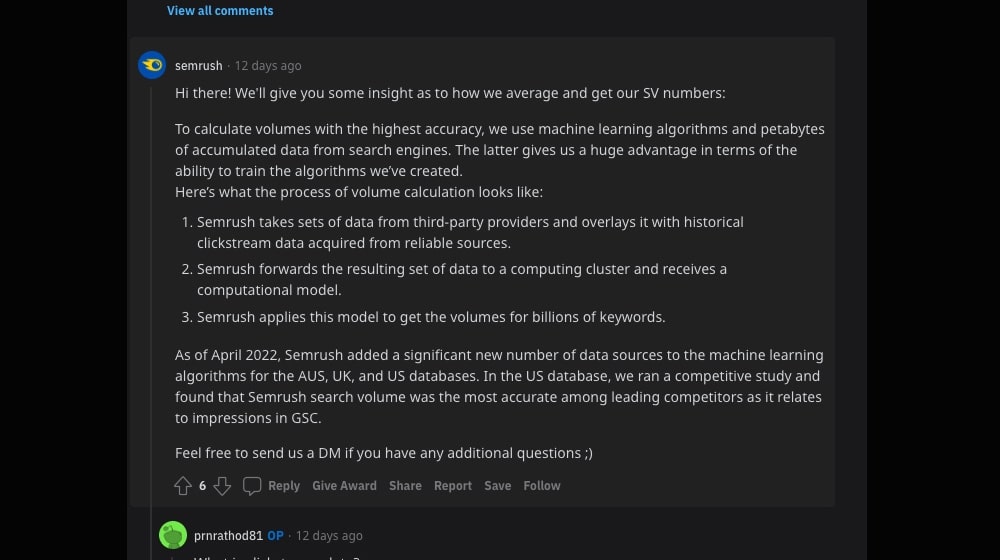 Semrush Comment on Reddit