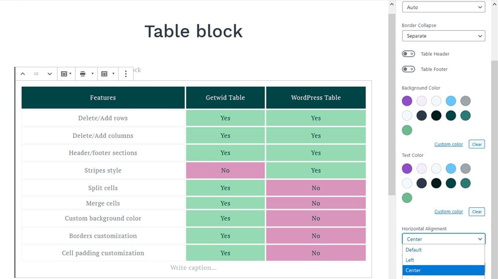 Exemplo de configurações de tabela