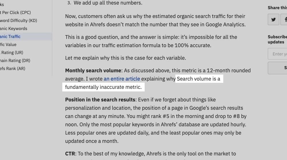 Screenshot from Ahrefs article on traffic estimates