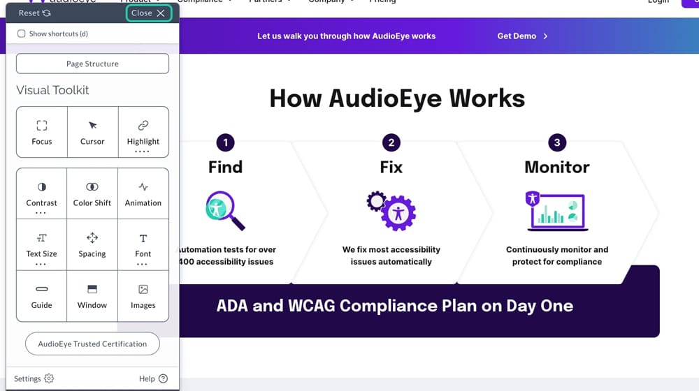 Audioeye Accessibility Widget Screenshot