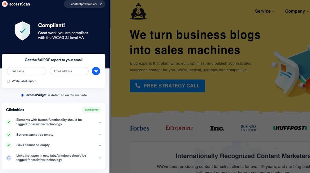Compliant Site Check Screenshot from AccessiBe Website