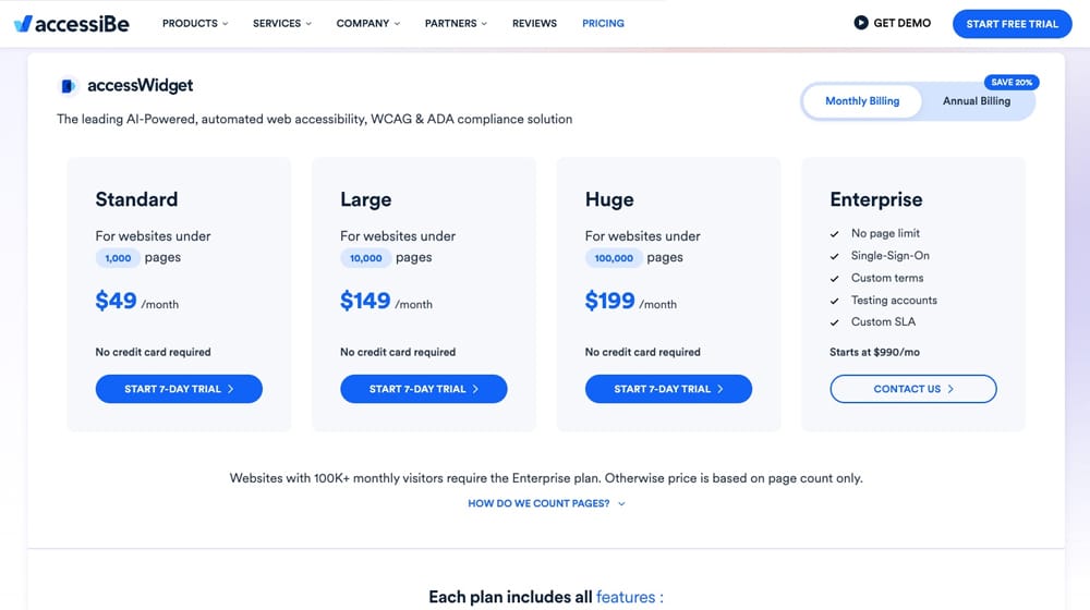 Pricing Page for AccessiBe
