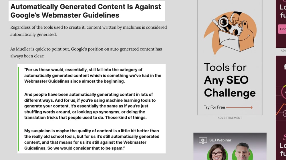 AI Content Against Google Webmaster Guidelines