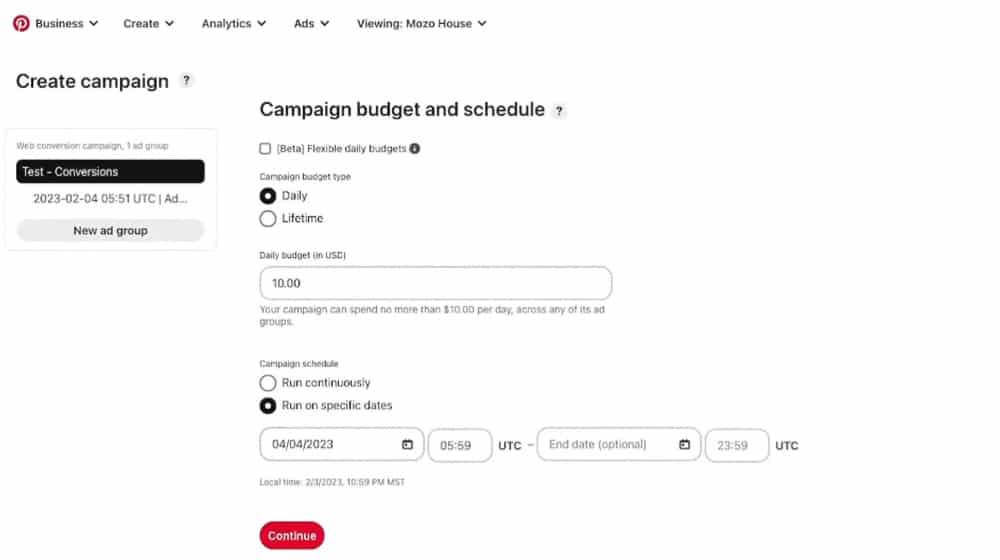 Pintrest Advertising Campaign Budget and Schedule