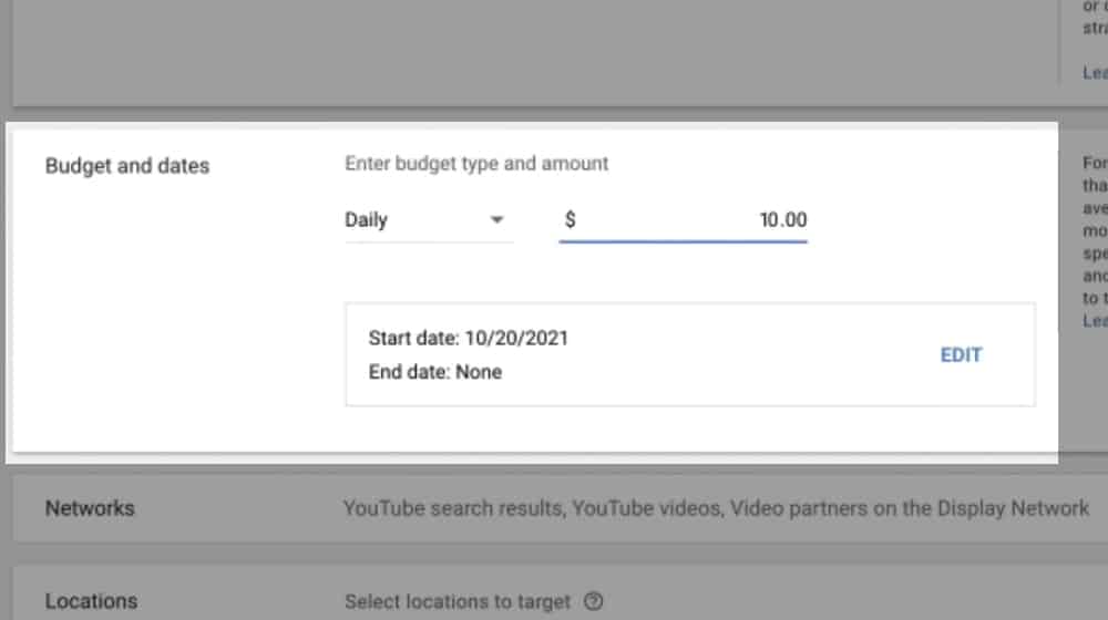 YouTube Advertising Budget and Dates