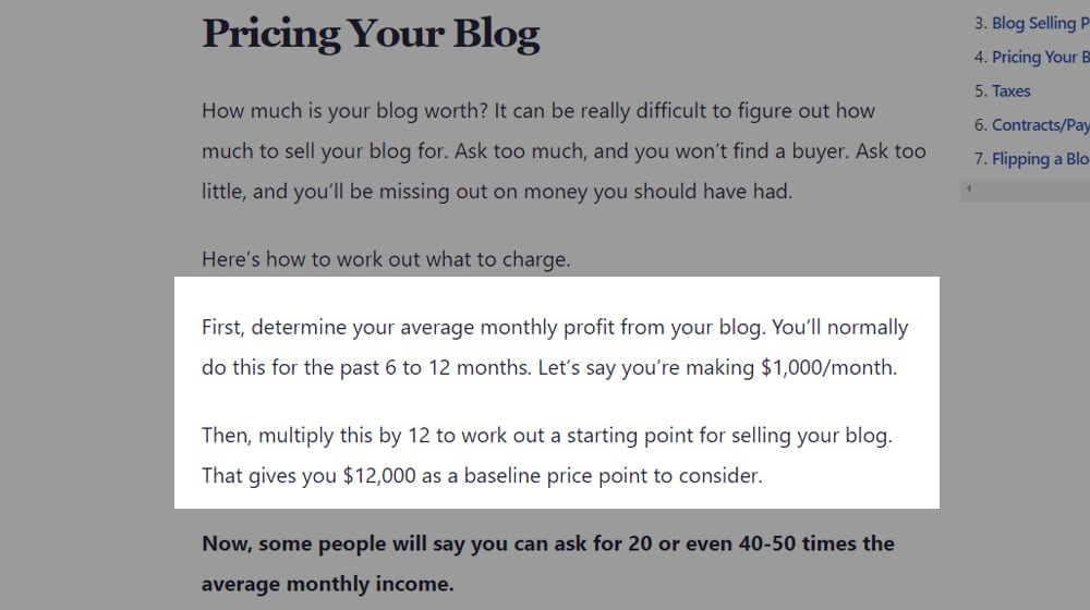 The Baseline Price For Selling a Blog