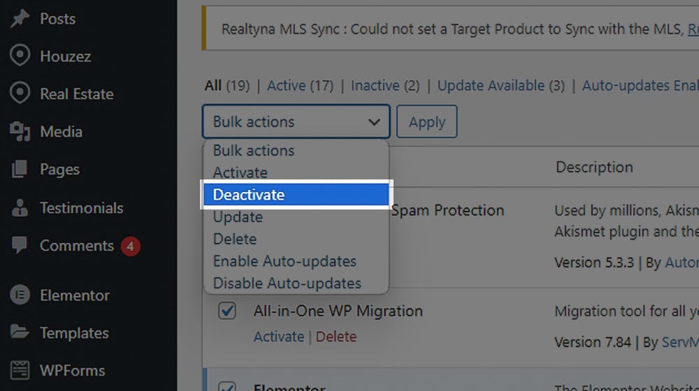 Deactivating WordPress Plugins