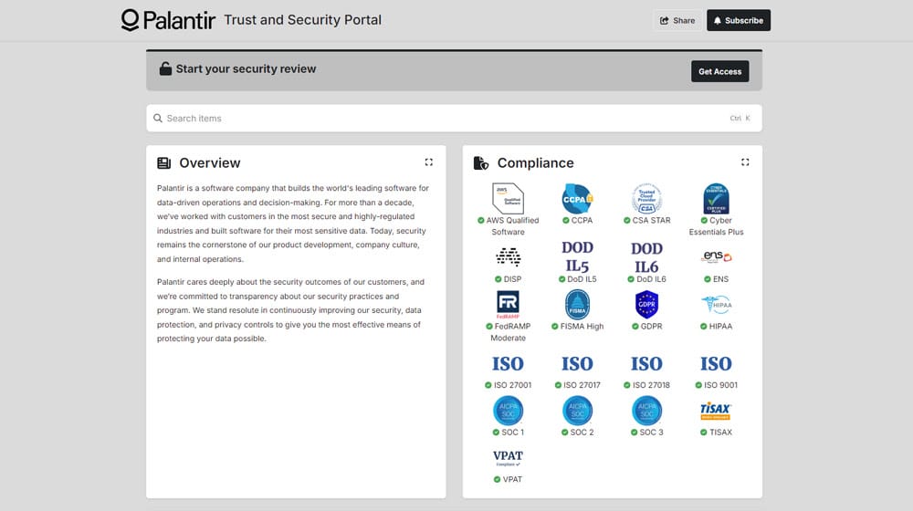 Palantir Trust and Security Portal