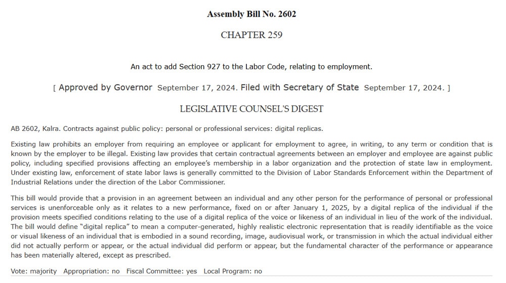 Ab 2602 Contracts Against Public Policy Personal Or Professional Services Digital Replicas